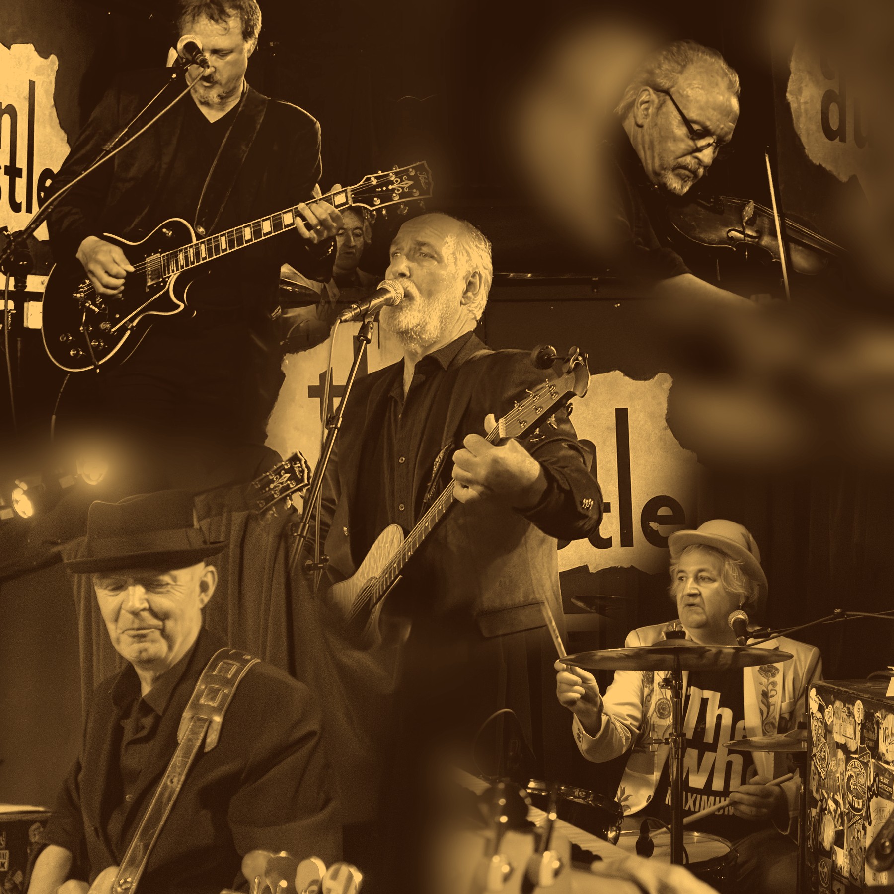 The five members of Raincatchers performing live: Mike Morton, Dave Mason, Peter Crossley, Nick Dean and Gary Stannard