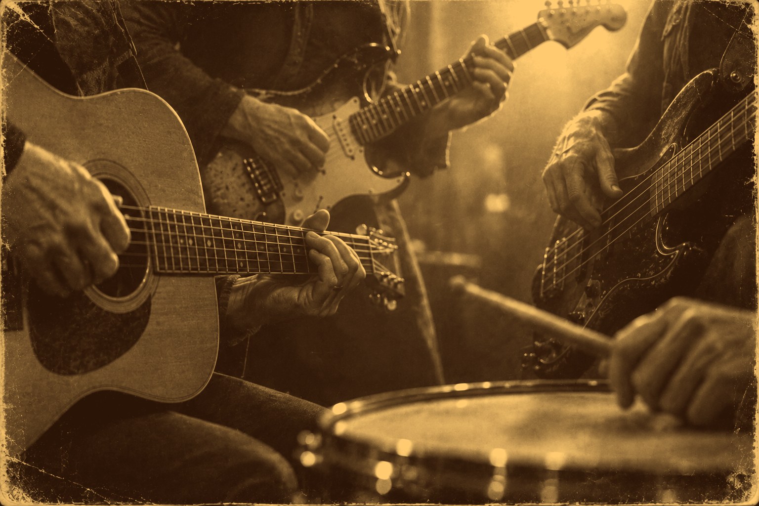 Musicians' hands on guitars and drum, playing together