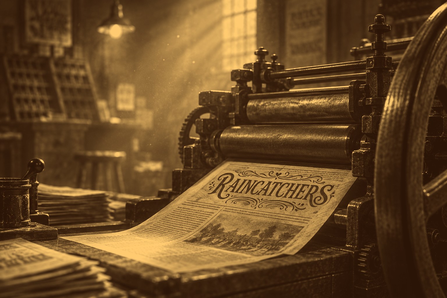 Vintage printing press printing the Raincatchers newsletter